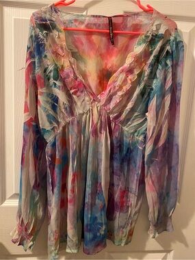 Y2K Mushka by Sienna rose Multicolor Watercolor Ruffle V-Neck Blouse
